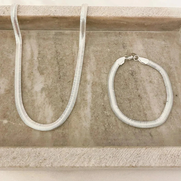 925 Sterling Silver Snake Chain Herringbone Bracelet & Necklace Jewelry Set - Picture 1 of 11